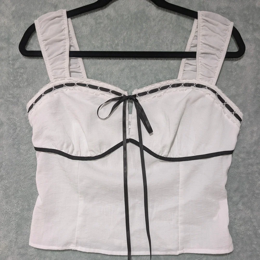 White Milkmaid Top Black Ribbon Trim Smocked Back Coquette Cottagecore Summer L